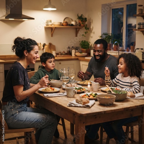 Laughing mixed race woman shares a joyful dinner moment with a black man and two children at a wooden kitchen table, with bowls of food and warm pendant lighting.