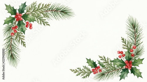 Watercolor Christmas Corner Frame with Holly Leaves, Red Berries, Pine and Cedar Branches on White Background