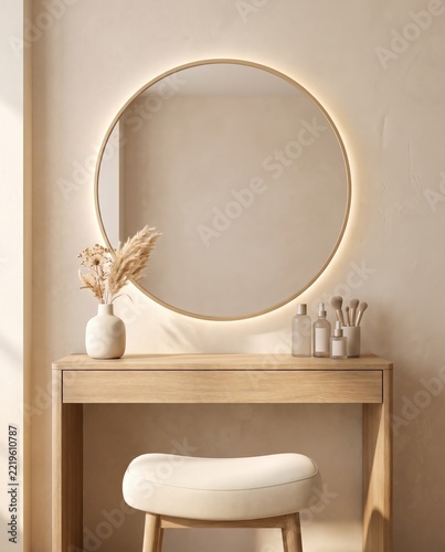 Minimalist vanity table with illuminated round glam mirror