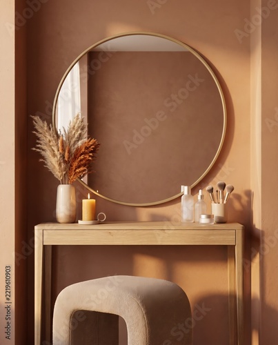 Minimalist vanity table with round mirror and autumn styling