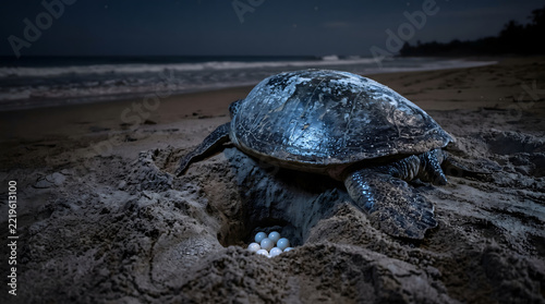 Sea turtle laying eggs on a sandy beach at night
