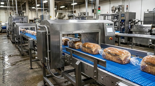 Industrial bread loaves moving along a factory conveyor belt system