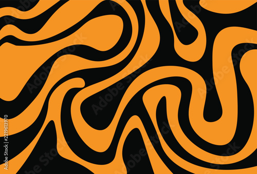 Abstract psychedelic pattern design featuring organic, curving, liquid-like waves of orange and black in a groovy 1970s retro style.