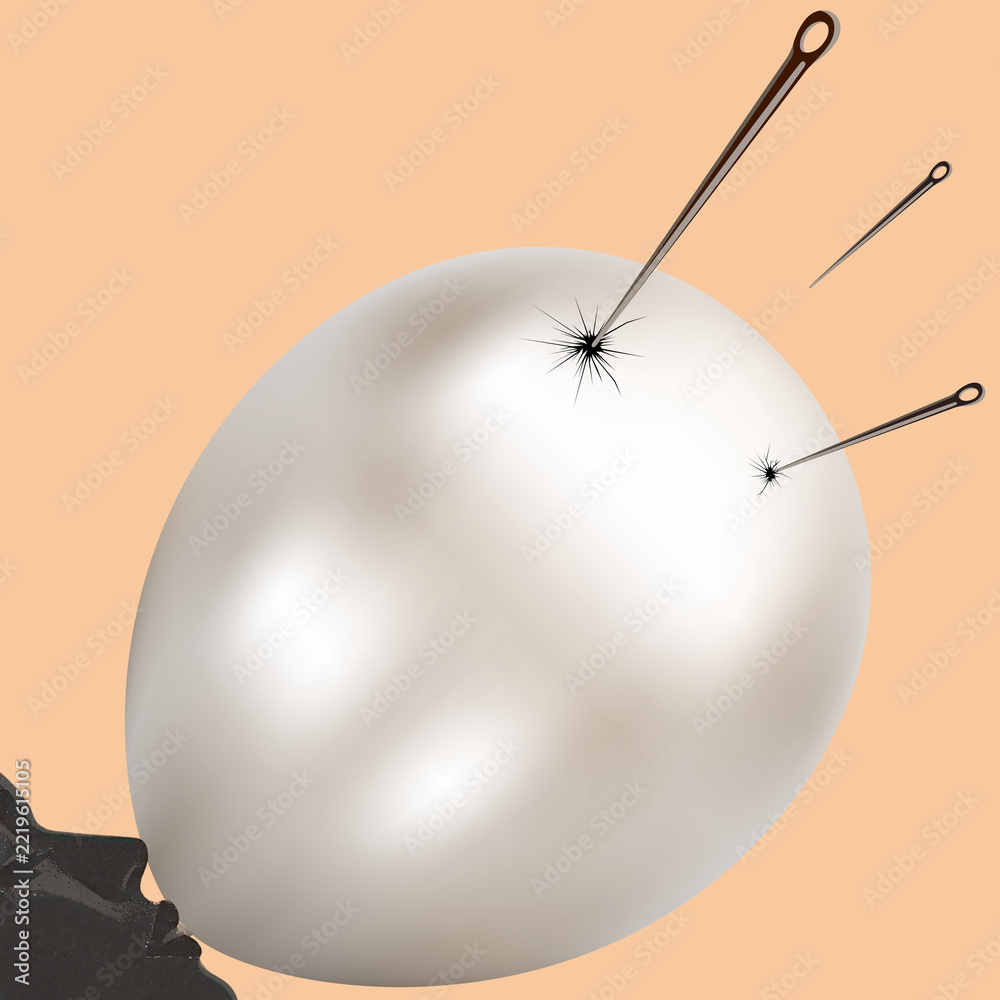 Fototapeta premium Minimalistyczna ilustracja konceptualna igieł przebijających nadmuchany balon, metafora kruchego ego i pękającej iluzji