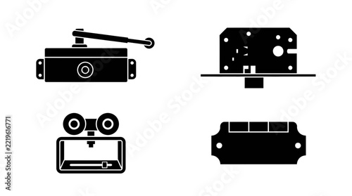 Technical illustration set of door hardware icons displaying essential mechanical closing and locking mechanisms for security
