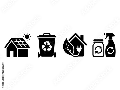Eco-friendly icons vector set featuring sustainable energy, recycling, green home living, and reusable household supplies