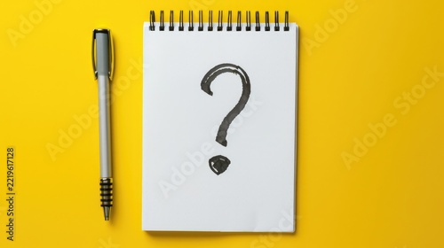 A notebook on a yellow background, next to a pen. A question mark is drawn on the white sheet of the notebook.