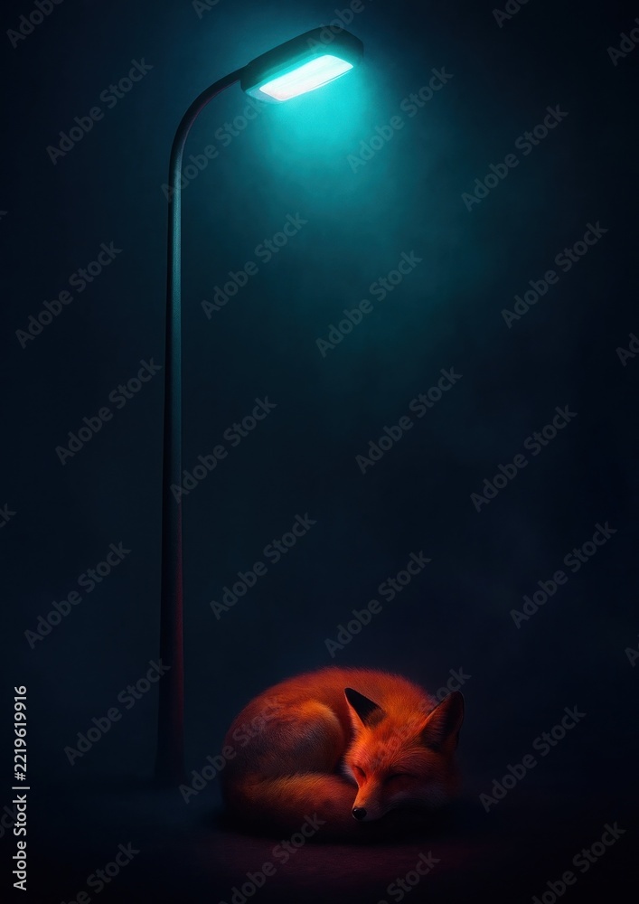 Fototapeta premium Serene fox under streetlight glow.