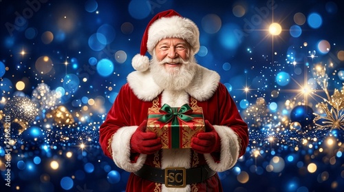 クリスマスイブにプレゼントを差し出す笑顔のサンタクロース　華やかな青い背景