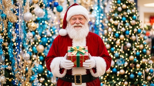 Santa Claus holding a Christmas gift in front of festive decorations