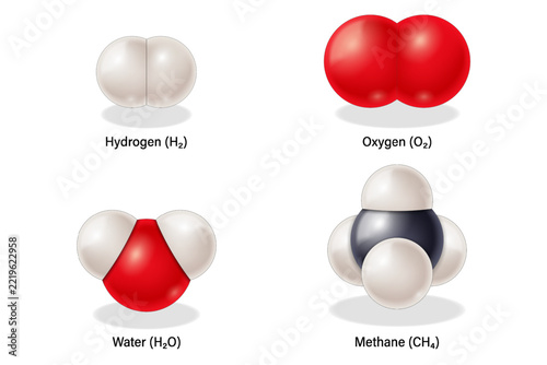 Space filling model of hydrogen, oxygen, water and methane molecules. Covalent bond molecules.
