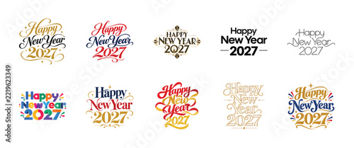 Happy New Year 2027 Typography Collection, Colorful Vintage Lettering, Elegant Calligraphy And Festive Greeting Designs