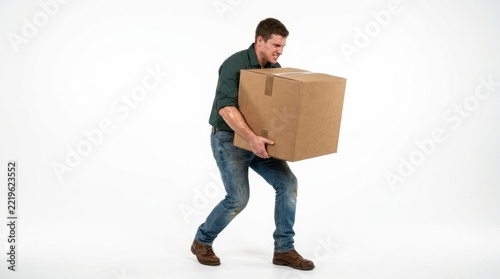 Man carrying heavy cardboard box on white background.