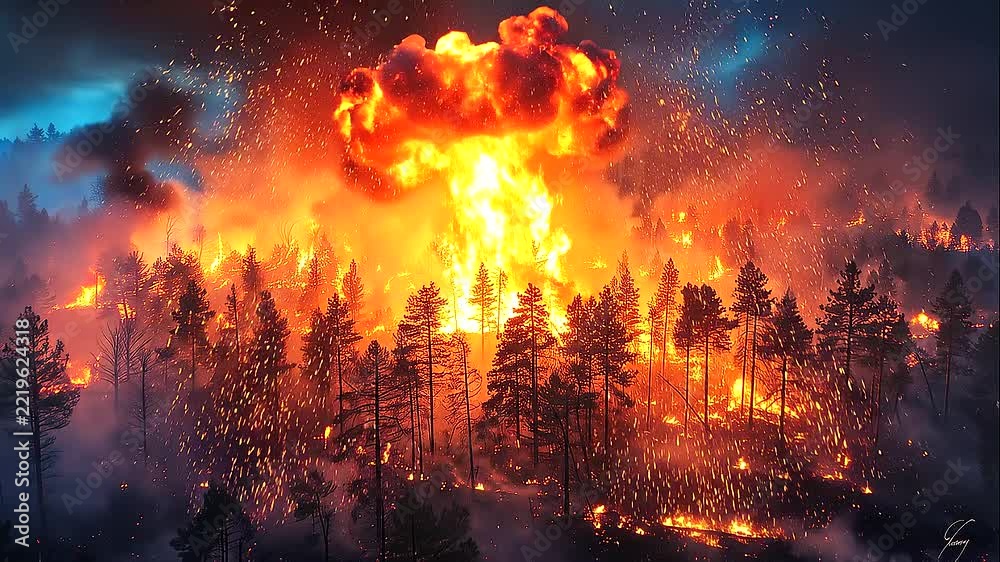 Forest fire in a dense woodland at sunset, wildfire spreading through ...