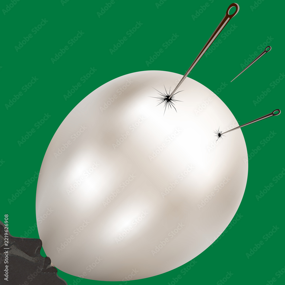 Fototapeta premium Minimalistyczna ilustracja konceptualna igieł przebijających nadmuchany balon, metafora kruchego ego i pękającej iluzji