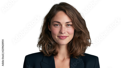 Portrait of a young woman with wavy brown hair and freckles wearing a dark blazer, isolated on transparent background