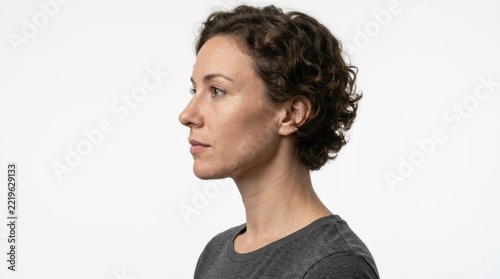 Side profile portrait of woman with short curly hair.