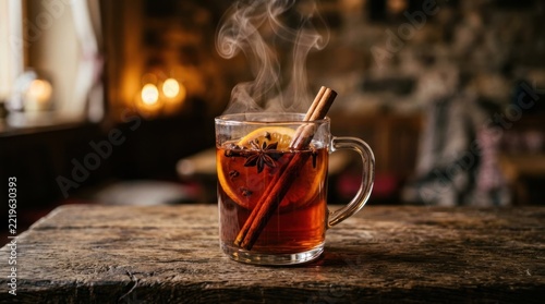 Steaming glass of mulled wine with cinnamon on wood.