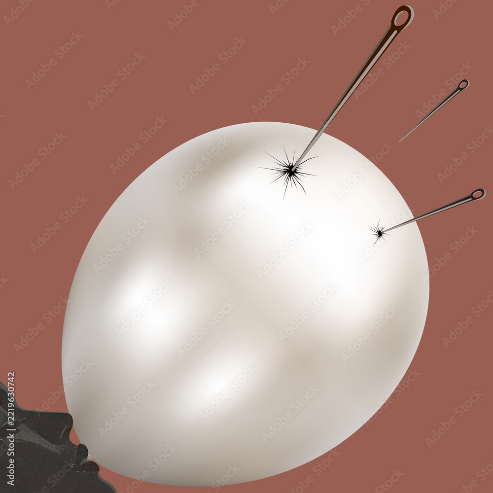 Fototapeta premium Minimalistyczna ilustracja konceptualna igieł przebijających nadmuchany balon, metafora kruchego ego i pękającej iluzji