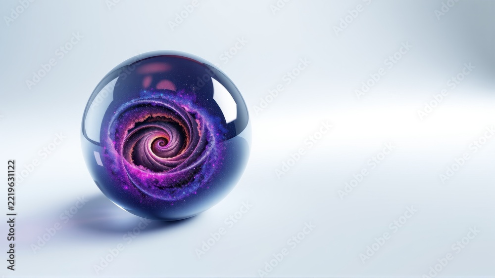 Fototapeta premium Glass sphere contains swirling galaxy. Purple, blue hues dominate. Dramatic lighting creates strong contrast, shadow. Minimalist composition.