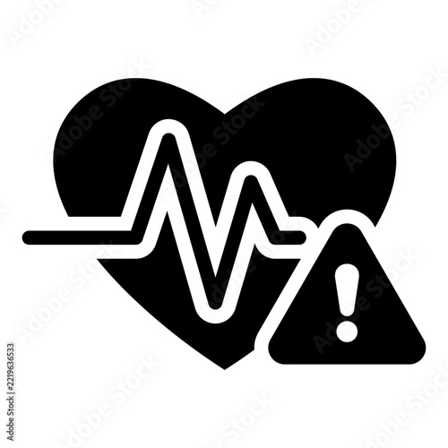 Solid heartbeat icon with warning exclamation mark symbol representing cardiac health alert, heart attack risk notification, medical emergency signal, and cardiology diagnostic monitor
