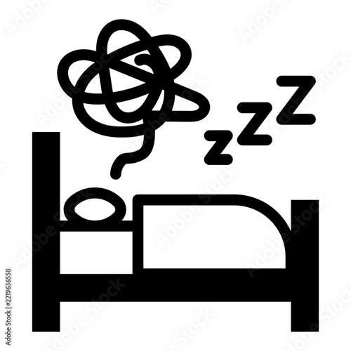 Solid Black Icon of a Person Sleeping in Bed with Tangled Scribble and ZZZ Symbols Representing Nightmares, Insomnia, Overthinking, or Sleep Disorders for Mental Health and Bedtime Concept