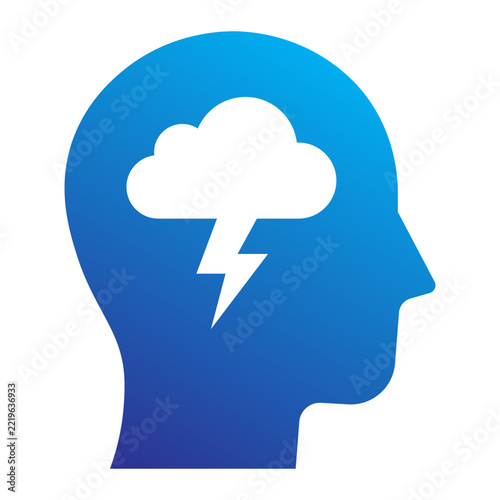 Conceptual vector illustration of a human head silhouette with a storm cloud and lightning bolt inside, representing mental health issues, stress, depression, brainstorming, or sudden genius.