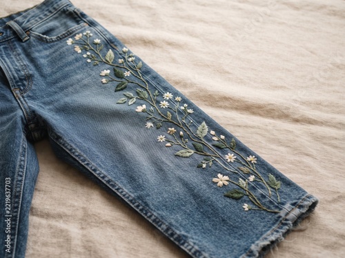 Delicate White Wildflower Vine Embroidery Along a Blue Denim Seam

