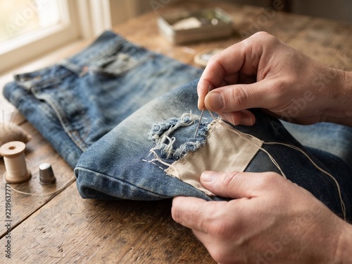 Colorful Handmade Patchwork on Recycled Blue Denim Fabric

