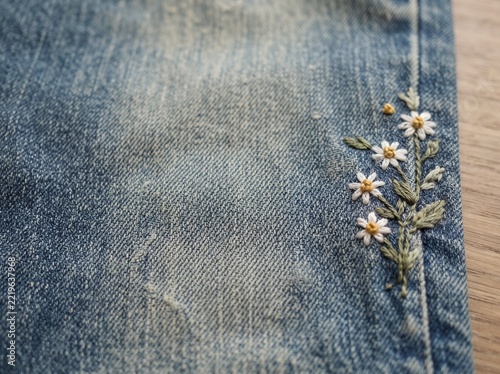 Faded Blue Denim Texture with Delicate Handmade Floral Embroidery
