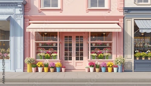 Charming Pink Flower Shop Exterior with Colorful Potted Flowers and Large Windows