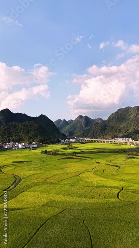 Vertical Video: Aerial view of a dense rural village surrounded by farmlands and rolling hills.