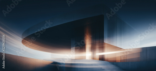 Abstract modern building entrance with dynamic motion blur and warm glow.