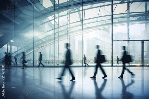 Business people walking through a contemporary office or airport interior, motion blur creating a dynamic visual of busy professionals moving forward in a modern architectural space