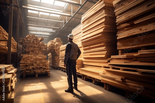 Worker in safety helmet inspecting large stacks of timber, lumber, and wood planks in a spacious industrial warehouse, managing forestry resources and construction materials supply chain