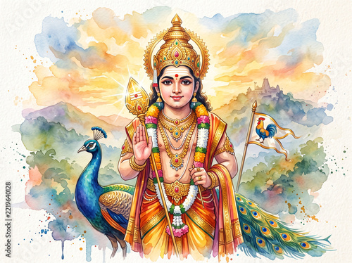 Hindu God Murugan with Vel spear and peacock in watercolor painting style, Hindu deity illustration for religious festivals