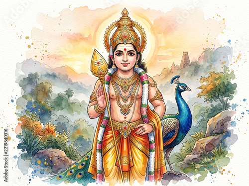 Watercolor illustration of Hindu God Murugan with Vel spear and peacock in a vibrant landscape setting