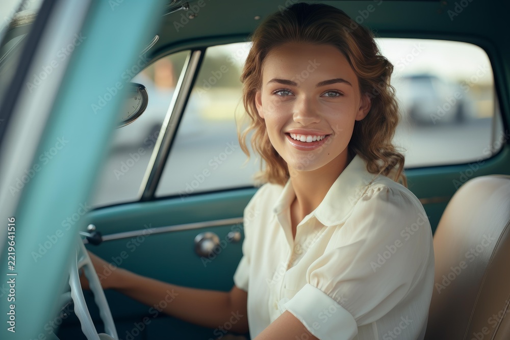 Naklejka premium Young woman smiling at the camera while driving a vintage teal classic car, radiating joy, freedom and nostalgic summer adventure on the open road