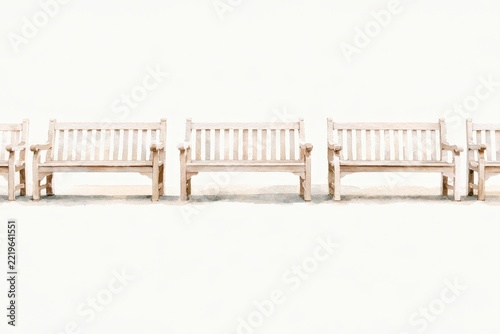 Soft watercolor illustration of multiple garden benches, front-facing on a white canvas