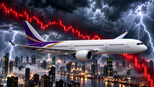 A passenger jet flies through a storm as red market charts signal financial decline.