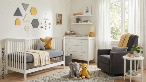 Modern nursery room with a white crib, gray rocking chair, and geometric wall decor elements