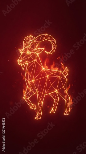 Glowing Polygonal Ram Zodiac Sign on Dark Red Background.