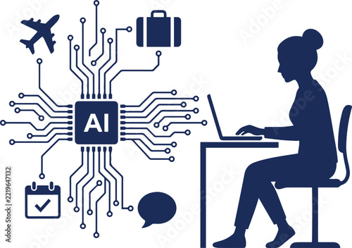 Artificial intelligence travel planning with woman working on laptop and digital connections