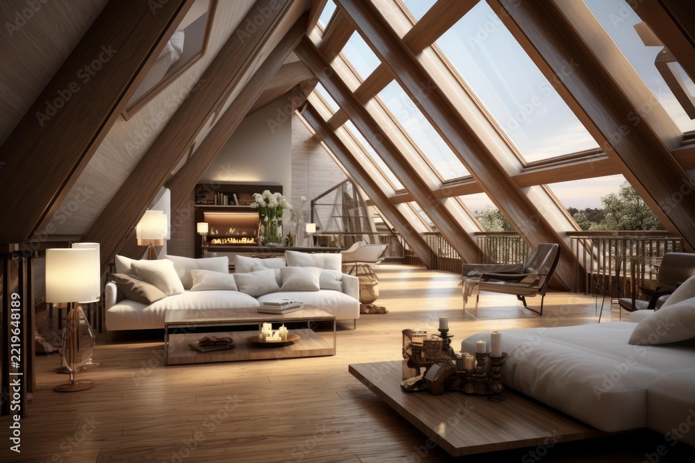 Naklejka premium Modern attic loft interior featuring a luxurious living space with a comfortable white sofa. Wooden beams. Large skylight windows. And a warm ambiance from a fireplace and lamps