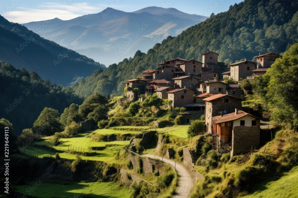 Fototapeta premium Historic stone houses forming a quaint village on vibrant green agricultural terraces, creating a traditional and peaceful rural scene amidst a steep forested mountain valley