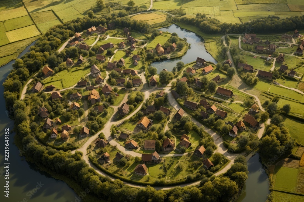 Naklejka premium Rural village community creating a peace symbol shape on an island in a calm river, surrounded by lush green fields and winding roads, symbolizing harmony, nature, and peaceful living