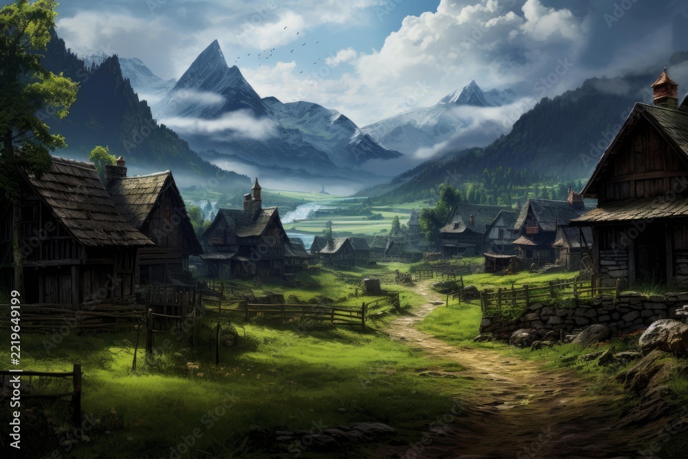 Fototapeta premium Picturesque medieval village nestled in a lush green valley, traditional wooden houses lining a winding dirt path, majestic snow capped mountains and a flowing river completing the idyllic landscape