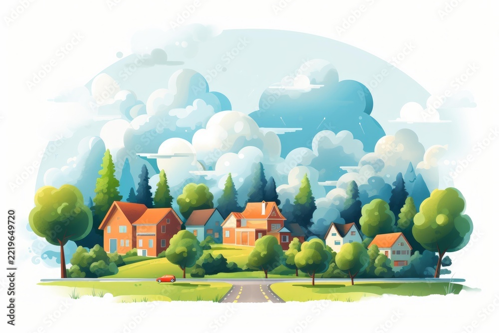 Fototapeta premium Cartoon neighborhood illustrating community life. Featuring modern houses with orange roofs. Green trees. Lush hills. And a winding road under a clear blue sky with fluffy white clouds