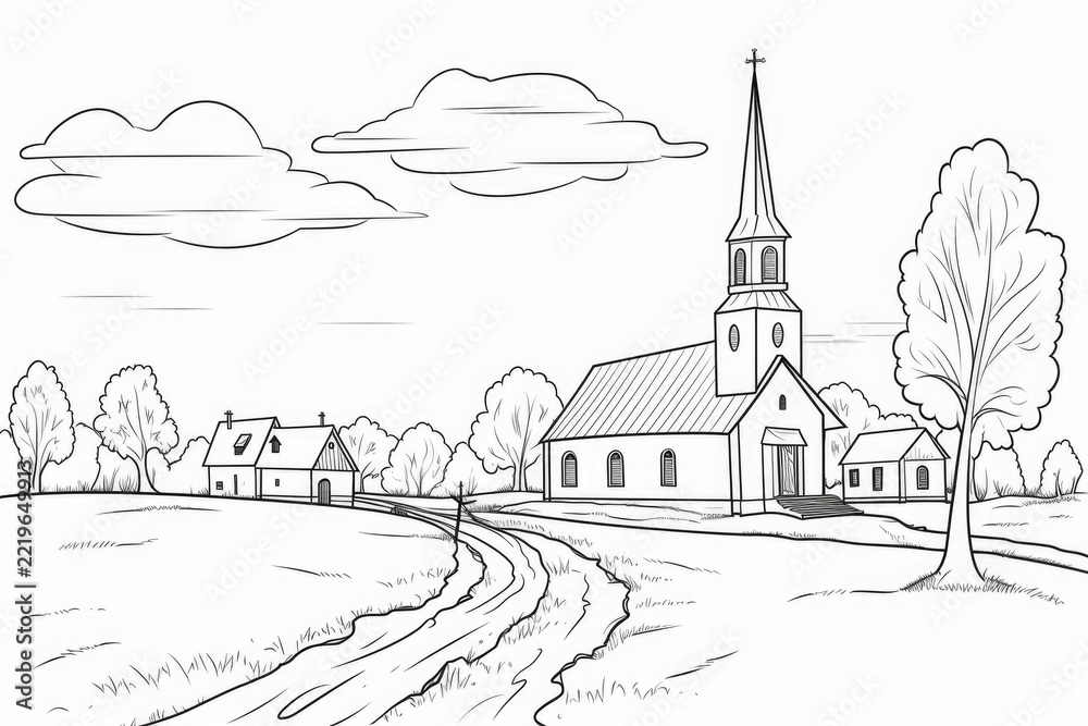 Fototapeta premium Rural village scene presenting a church and houses in a peaceful landscape. Offering a simplified black and white outline for coloring activities. Reflecting simplicity and traditional community life