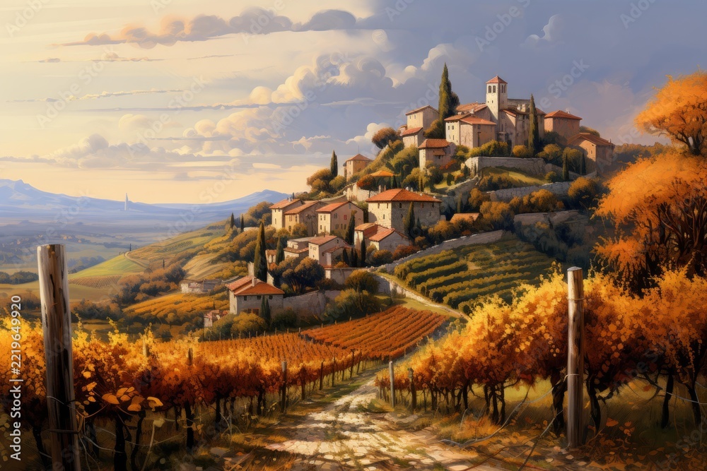 Fototapeta premium Tuscan village perching on a hill, overlooking sprawling vineyards during autumn harvest, with warm evening light illuminating the italian countryside and traditional architecture under a cloudy sky